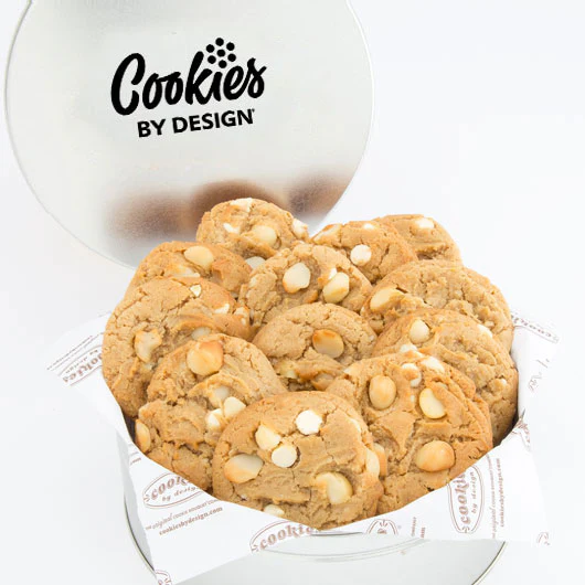 Tin of One Dozen White Chocolate Macadamia Gourmet Cookies